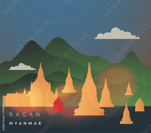 Bagan Buddhist temples and pagodas in Myanmar - Burma - Stock Illustration