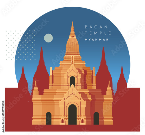 Bagan Buddhist temples and pagodas in Myanmar - Burma - Stock Illustration