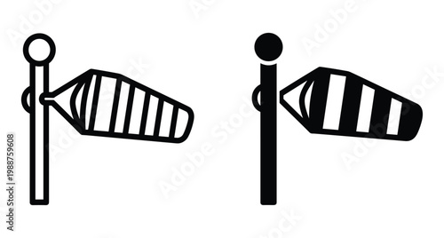 Windsock icon set showing wind direction and speed for airport weather monitoring aviation safety meteorology navigation and outdoor air measurement