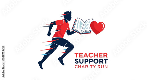 Teacher Support Charity Run Depicted With Book Heart And Runner Silhouette Concept