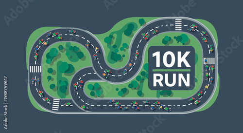 Top View Abstract Illustration Of 10K Run Competition With Runners On A Track