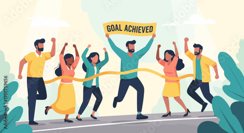 Team Celebrates Achieving Goal Together, Illustrating Success and Group Achievement Celebration