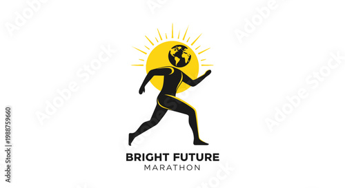 Symbolic Representation of Marathon Runner with Earth Head and Radiant Sun Design
