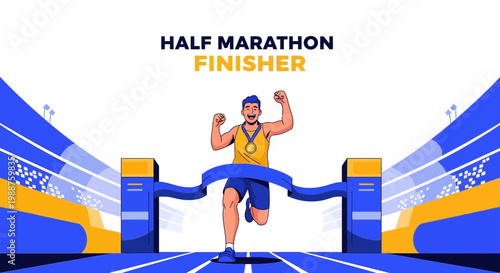 Triumphant Athlete Celebrates Half Marathon Victory and Crossing Finish Line Successfully