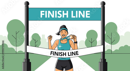 Triumphant Athlete Celebrates Victory at Finish Line in Park with Medal Display