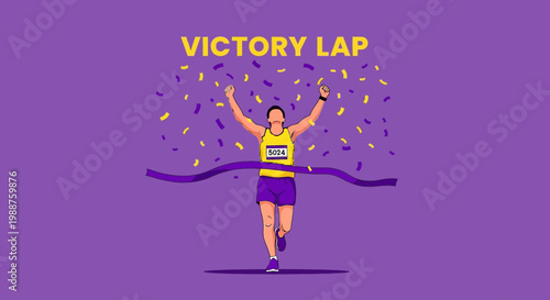 Triumphant Runner Crosses Finish Line With Arms Raised Amidst Confetti Celebration