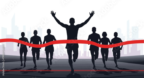 Triumphant Runner Crossing the Finish Line with Fellow Athletes in Silhouette Form