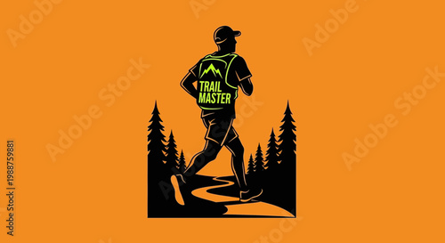 Trail Runner Silhouette With Backpack Amidst Forest, Perfect For Active Lifestyle Design