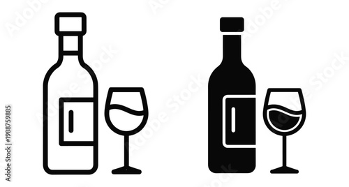 Wine bottle and glass icon set with outline and solid silhouette styles for restaurant menu bar cafe beverage service design