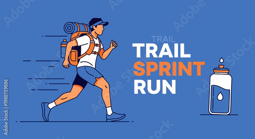 Trail Runner Sprinting Towards Adventure, With Backpack And Refreshment Bottle