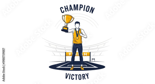 Triumphant Athlete Celebrates Victory Holding Trophy After Reaching The Finish Line