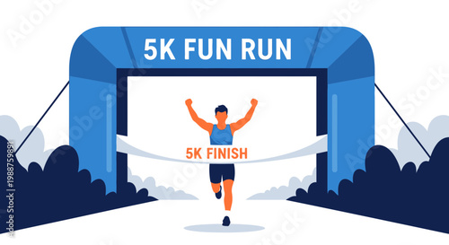 Triumphant Runner Crossing the Finish Line in a Community 5K Fun Run Event