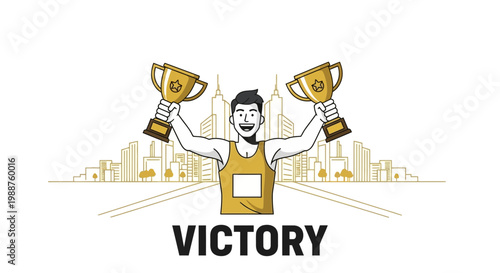 Triumphant Athlete Celebrates Victory with Trophies Above a City Skyline