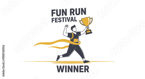 Triumphant Athlete Celebrating Victory At Fun Run Festival With Golden Trophy