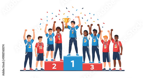 Triumphant Team Celebrates Victory with Trophy on Podium amid Confetti Shower of Joy