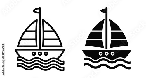 Sailboat icon set featuring outline and solid black silhouettes of sailing ships on ocean waves for nautical travel and transportation