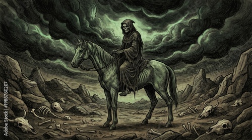 Skeleton reaper riding horse in gloomy wasteland. Grim reaper as horseman of apocalypse. Biblical end of world illustration. Dark fantasy art depicting death and judgment in religion.