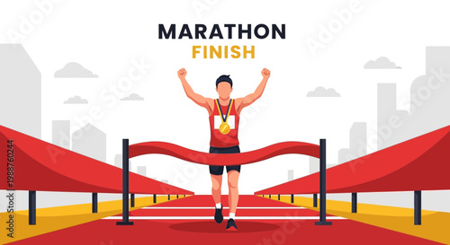 Triumphant Athlete Crossing Marathon Finish Line with Joy and Victory Celebration