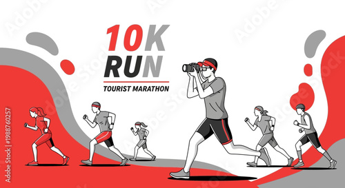 Tourists Running A 10K Marathon, Illustration of Athletic Activity Race, Fitness Pursuit