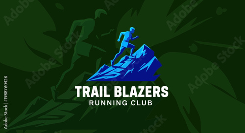 Trail Blazers Running Club Logo Featuring Abstract Runner on a Mountain, Green Background