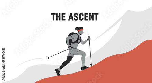 The Ascent Mountain Climber With Trekking Poles And Backpack