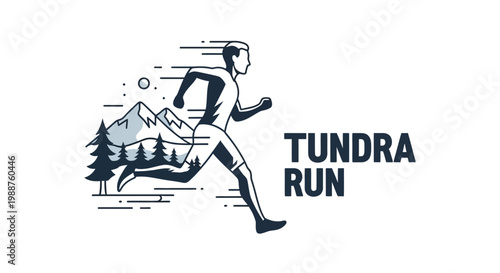 Tundra Run Icon: Man Running Past Mountains, Trees, And The Words Tundra Run Illustration