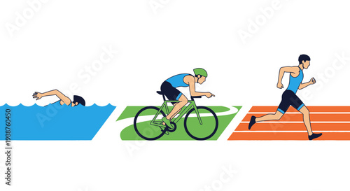 Triathlon Illustration Featuring Swimmer, Cyclist, and Runner in Minimalist Style
