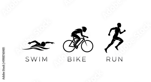 Triathlon Illustration: Swim, Bike, and Run Silhouettes Portraying Athletic Endurance and Fitness