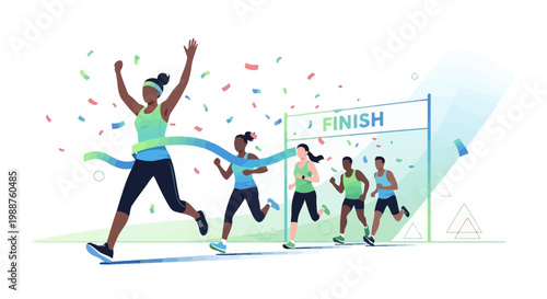 Triumphant Champion Crossing the Finish Line with Fellow Runners During a Race