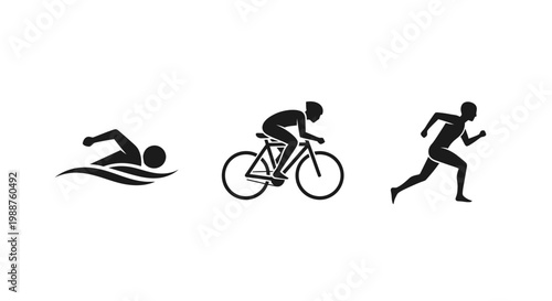 Triathlon Illustration Featuring Swimming, Cycling, and Running Silhouettes Displayed on White