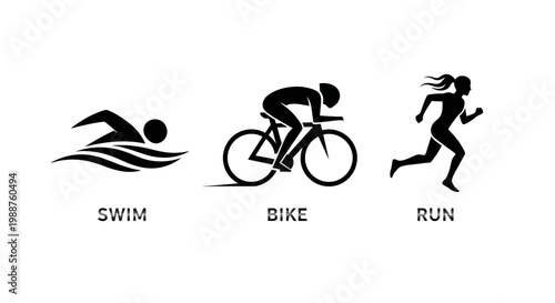 Triathlon Illustration: Swim, Bike, and Run Silhouettes, Active Lifestyle Concept