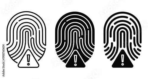 Fingerprint biometric security alert icons set with warning exclamation mark symbol for identity verification error access denied and data protection
