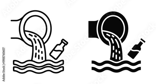 Water pollution icon set showing industrial waste pipe discharging toxic liquid into river with plastic bottle floating in ocean waves