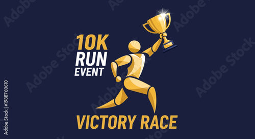 Triumphant Runner Celebrates Victory at a 10K Run Event with Golden Trophy