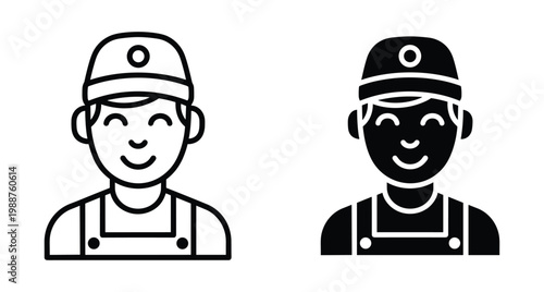 Worker icon set featuring a smiling male delivery man or repair technician wearing a cap and overalls in line and solid styles