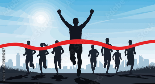 Triumph In Sight: Runners Cross The Finish Line In A Silhouette Against Cityscape