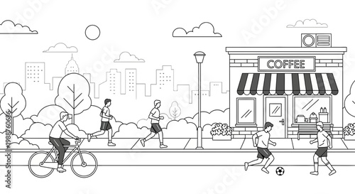 Urban Activity Illustration: Cyclists, Runners, And Soccer Players Near A Coffee Shop