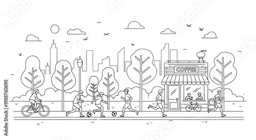 Urban Activities Depicted: Cycling, Soccer Play, And Jogging in a City Park Scene