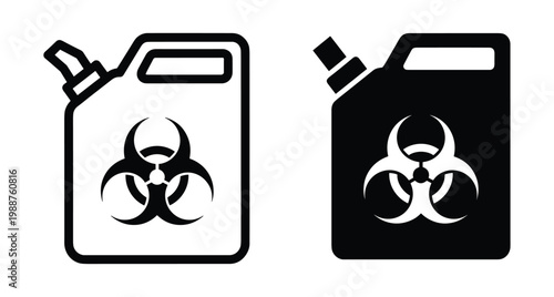 Biohazard canister icon set featuring outline and solid black silhouette designs for chemical waste disposal toxic liquid storage and safety