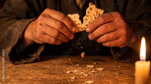 Man hands breaking unleavened bread over wooden table. Jesus Christ performing holy communion during last supper. Biblical scene, Christian religion, faith, worship and spiritual concept.