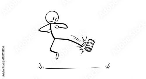 Stick figure kicking a can away.