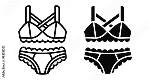 Lingerie set icon featuring lace bra and matching panties in outline and solid black styles for fashion design and retail