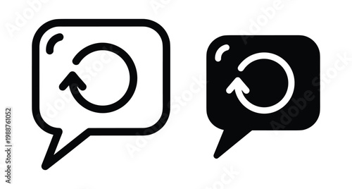 Speech bubble icons with circular refresh arrow symbol for message update reload sync communication interface design in outline and solid