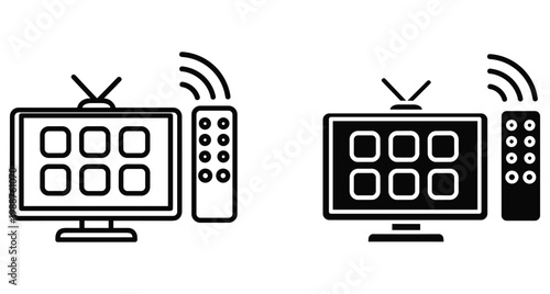 Smart television icon set with remote control and wireless signal symbols for digital media entertainment and home theater system interface