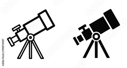 Telescope icon set featuring outline and solid versions for astronomy science observation space research tripod optical instrument star gazing equipment