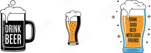 Beer Glass and Mug Icon Set with Drink Beer Text, Pilsner, Lager and Frothy Beer Pint Illustrations for Brewery and Party Designs