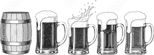 Beer Mug and Barrel Icon Set with Wooden Keg and Foaming Beer Glasses Splashing Liquid for Brewery Pub Oktoberfest and Festival Designs