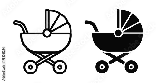 Baby stroller pram icon set with outline and solid black silhouette styles for infant transportation and parenting design elements