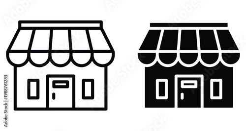 Storefront shop icon set with striped awning building facade outline and solid black glyph style for retail business commerce web