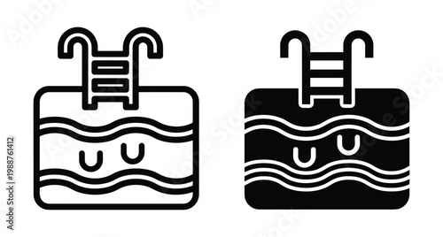 swimming pool icon set with ladder and water waves in outline and solid black style for summer vacation swimming pool icon